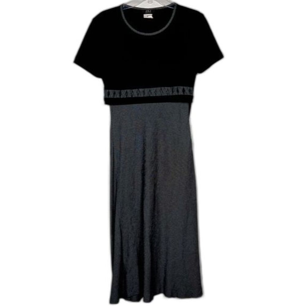Vtg J.S.J. Petites 2P Black Grey Colorblock Sheath Dress Short Sleeve Midi 90s